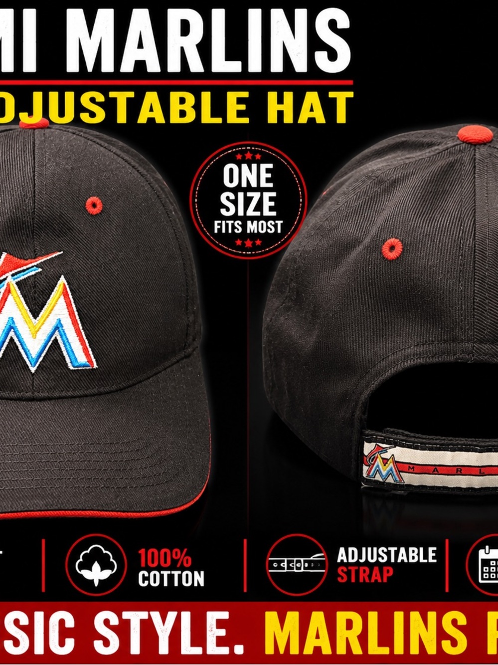 Genuine Merchandise Black Marlins Adjustable Hat with Red Accents